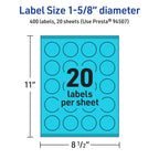 Avery® Printable Round Labels, Sure Feed® Technology, 1-5/8" Diameter, Bright Blue Labels, Print-to-The-Edge, Laser/Inkjet Printable, 400 Total, Great for Stickers and Candles 400 labels