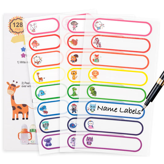 Name Label for Kids Stuff School Supplies, 128PCS Baby Bottle Labels for Daycare, Waterproof Daycare Labels Self Laminating, Dishwasher Safe Toddler Name Stickers Tags for Plastic Water Bottle 128pcs-animals