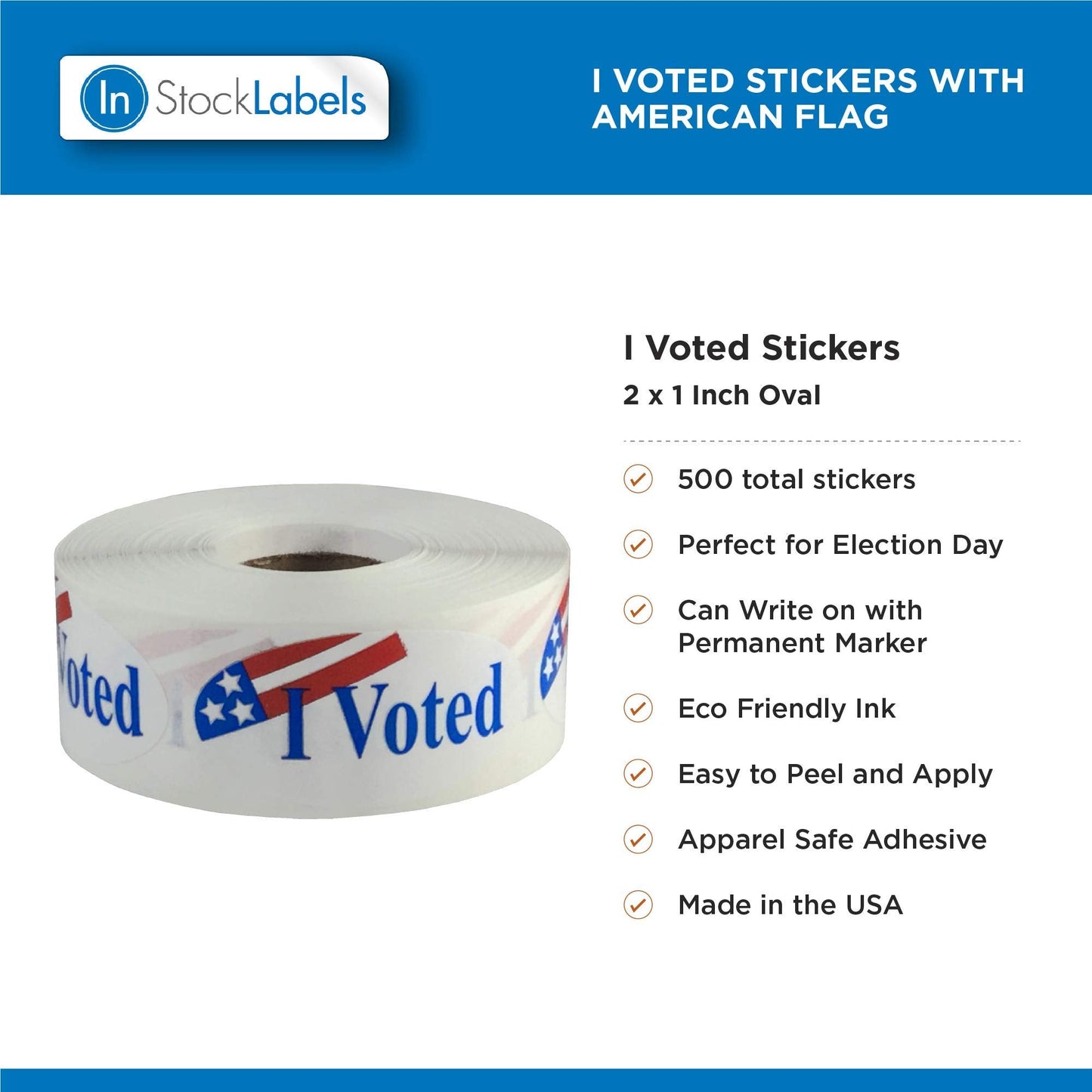 I Voted Stickers with Stars and Stripes, 500 Adhesive Labels (2" x 1")