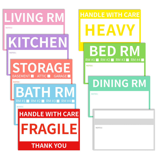 2” x 3’’ Removable Waterproof Home Moving Box Packing Labels for 1/2/3/4 Bedroom Rooms, 9 Designs Color-Coded Moving Stickers Including Fragile 、Heavy and Blank Labels (300 Labels) 300