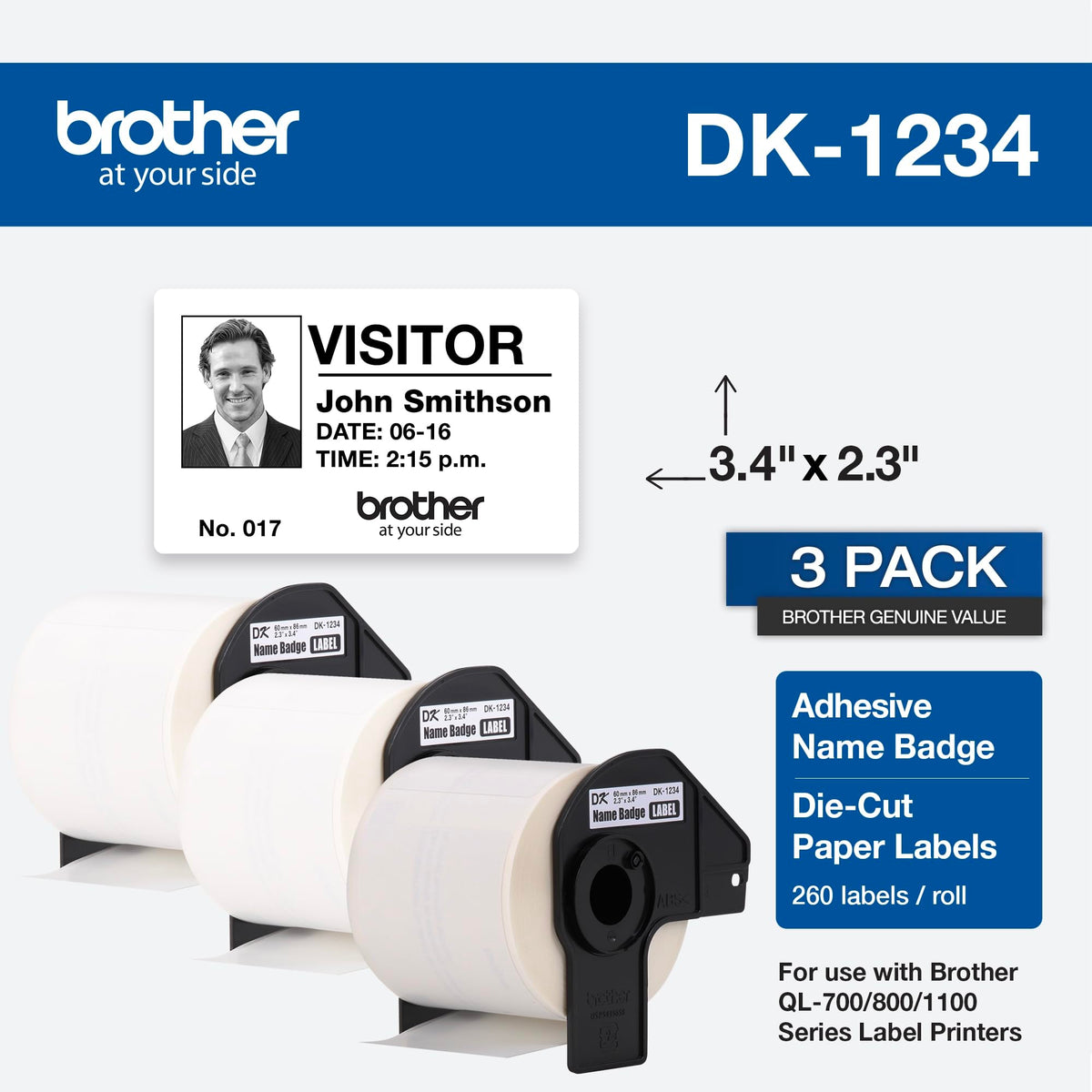 Brother Genuine DK-12343PK Die-Cut Name Badge Paper Labels, 2.3 in x 3.4 in (60 mm x 86 mm) Adhesive Name Badge White Paper Labels, 260 Labels per Roll, (3) Rolls per Box 3 Rolls