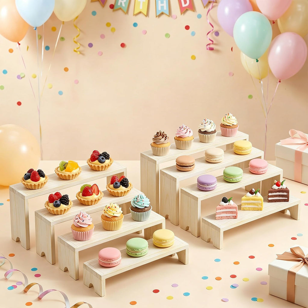 2 Set Wooden Tiered Risers Display Stands,Large Wood Display Risers,Stackable Wooden Cupcake Stand Tiered Riser Display Stands,for Vendor Events,Food Display Risers for Party,2 Set 4 Tiered(Nature) Nature