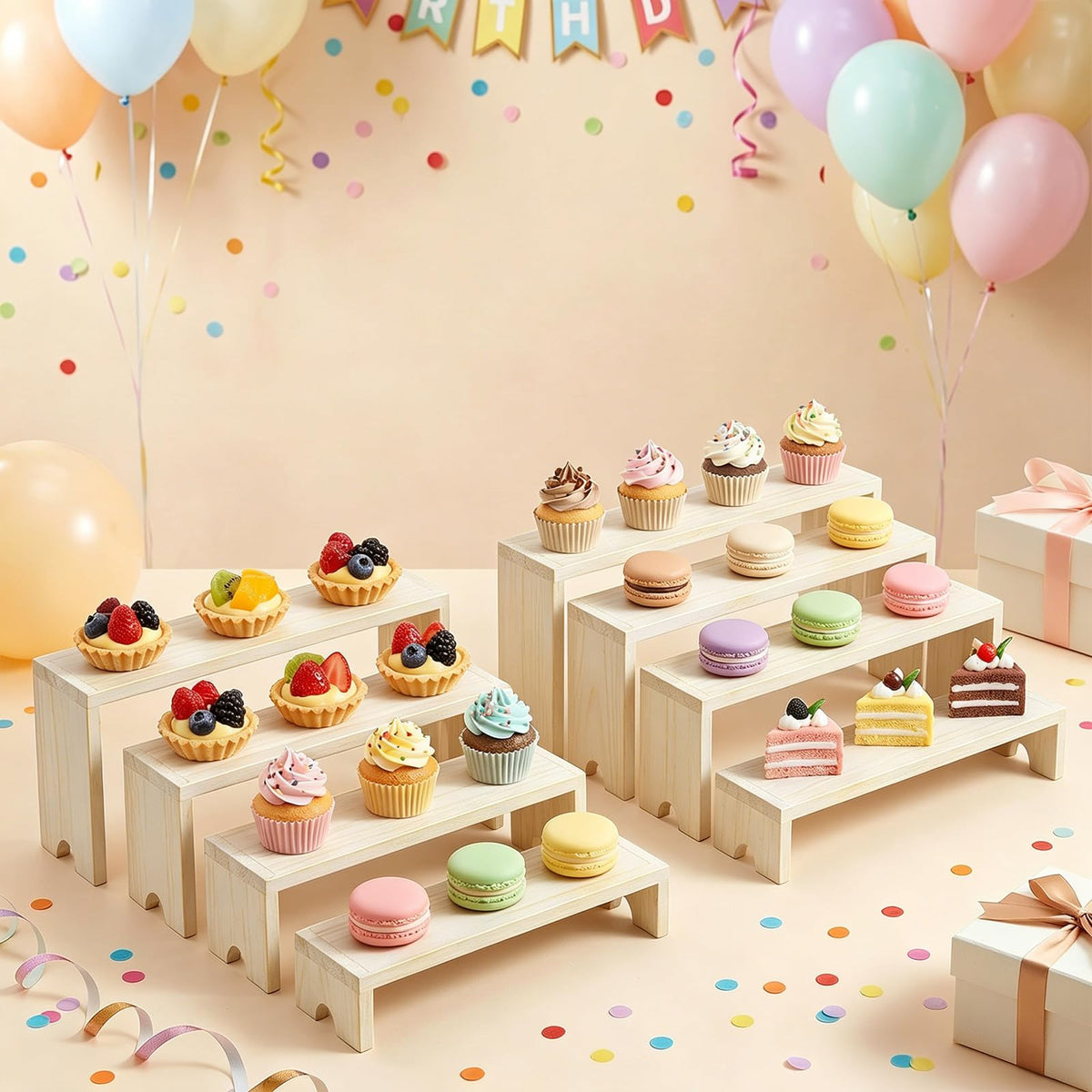 2 Set Wooden Tiered Risers Display Stands,Large Wood Display Risers,Stackable Wooden Cupcake Stand Tiered Riser Display Stands,for Vendor Events,Food Display Risers for Party,2 Set 4 Tiered(Nature) Nature
