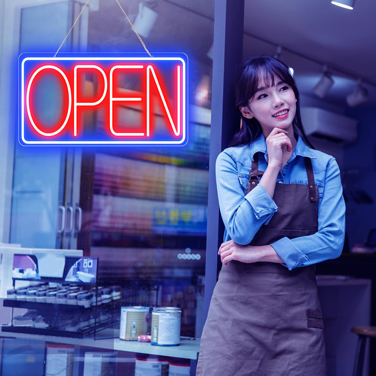 16.5" X 9" Led Neon Open Signs for Business - 12V/2A Ultra Bright Led Neon Sign with ON/OFF Switch - Plug In Electric Light Up Sign for Bar, Salon, Coffee Stores, Club, Hotel (Horizontal) Blue/Red-Horizontal 16.5x9 inch with AC Adapter