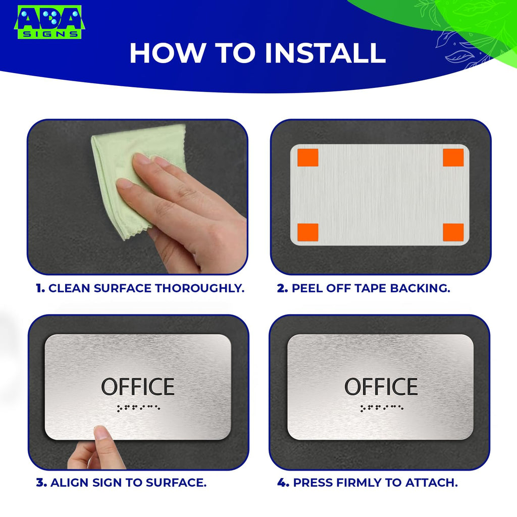 ADASigns Office Sign 7"x4" - Brushed Aluminum with Braille & Tape