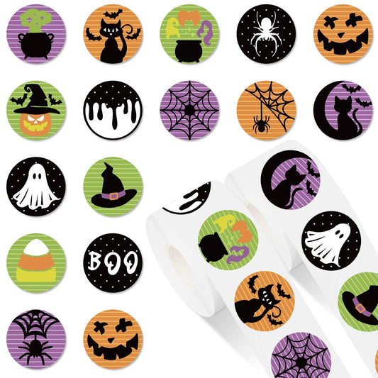 1000Pcs Halloween Stickers Ghost Pumpkin Witch Label Stickers Adhesive Paper Decals for Party Decor Supplies, 2 Rolls, 16 Designs