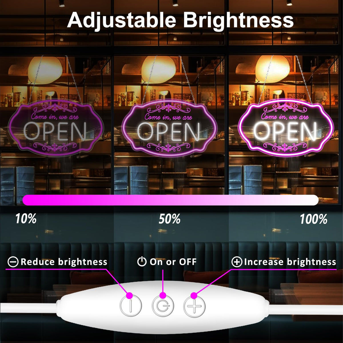 LED Neon Open Sign for Business, 16.5 x 10'' Come In, We're Open Sign, Pink & White Adjustable Brightness Neon Lights for Party, Bar, Salon, Stores, Wall Decor, Clubs, Hotels 16.5*10'' Open (Pink&White)