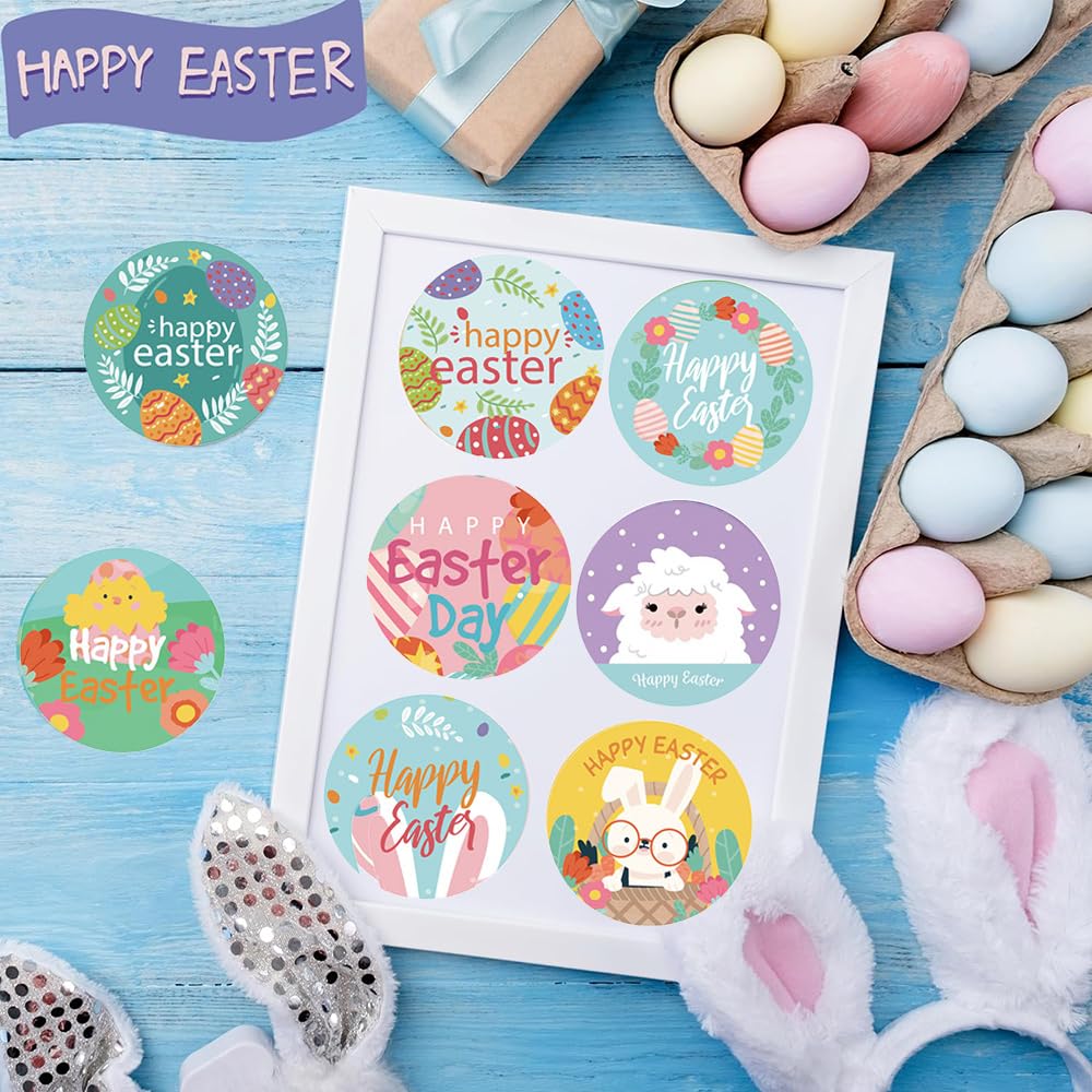GERRIT 500 PCS Easter Stickers 1.5 Inch Happy Easter Day Stickers Self-Adhesive Label Stickers Bunny Stickers Egg Decals for Kids Party Supplies Gift Card Decoration Seal Envelopes, Clear