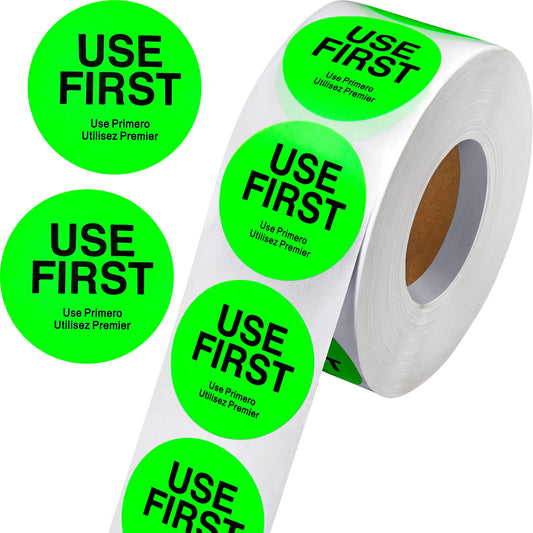 1000 Pcs Use First Stickers Day Food Labels 1.5 Inch Circle Removable Dots Food Labels Waterproof Fluorescent Adhesive Stickers for Kitchen Restaurant Containers,Trilingual,Green