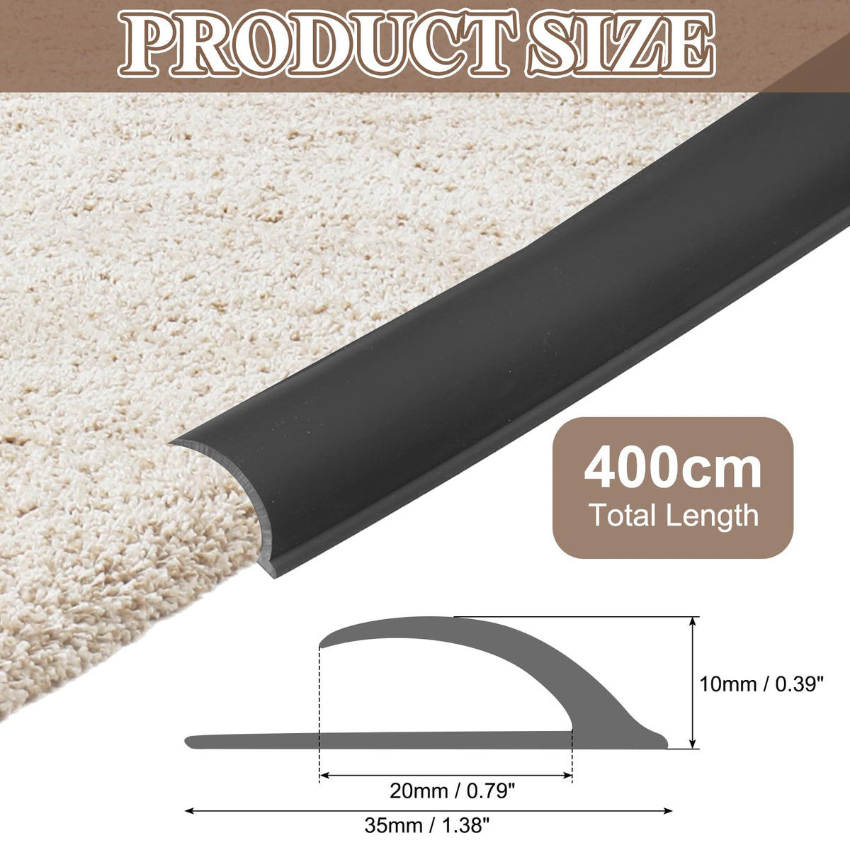 uxcell 13.12Ft x 1.38" x 0.39" Carpet to Tile Transition Strip, Self-Adhesive Carpet Edge Strip, PVC Gap Cover, Laminate Edge Trim for Uneven Surfaces, Black 13.12Ft x 1.38" x 0.39"