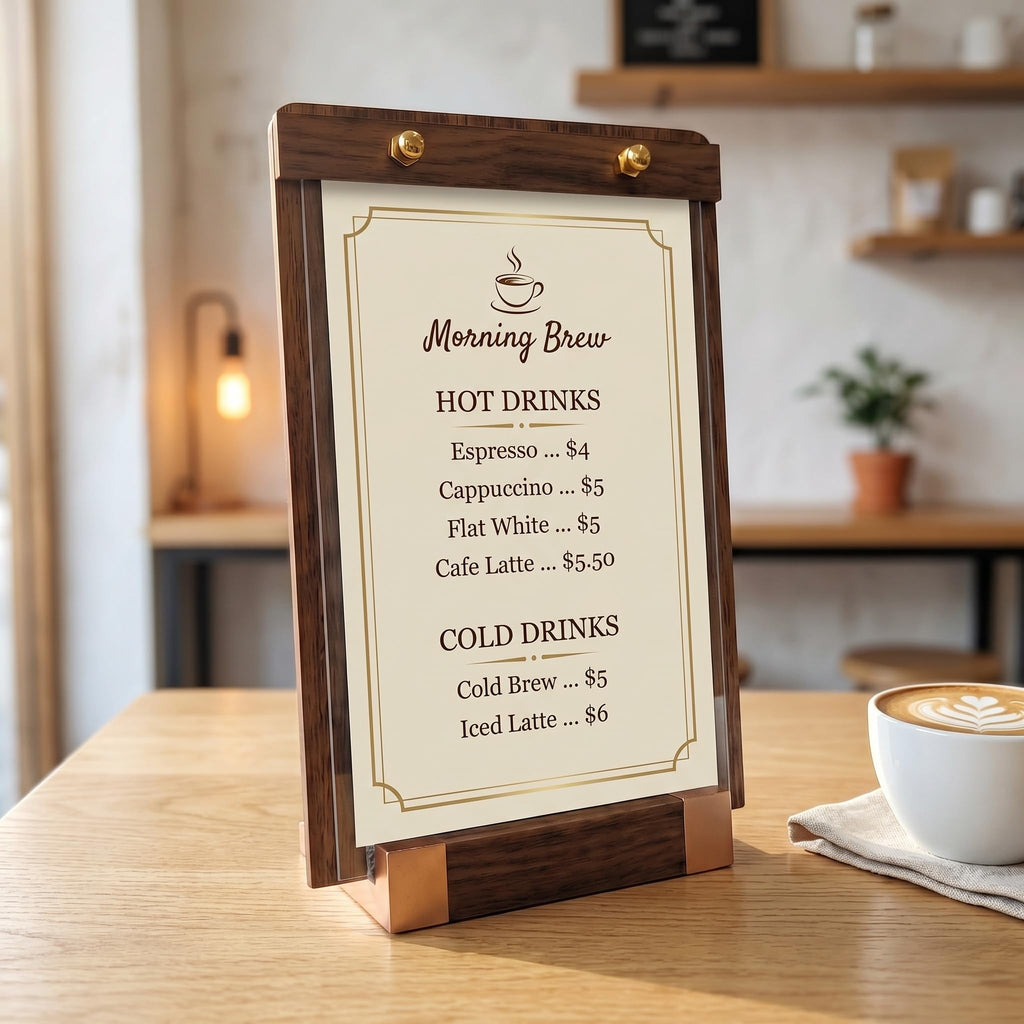 1 Pack Classy Sign Holder 8.5 x 11 with Slanted Wooden Base, Vertical Countertop Menu Display Stand for Coffee Shop, Bakery, Retail, Wedding 8.5x11, 1 Pack