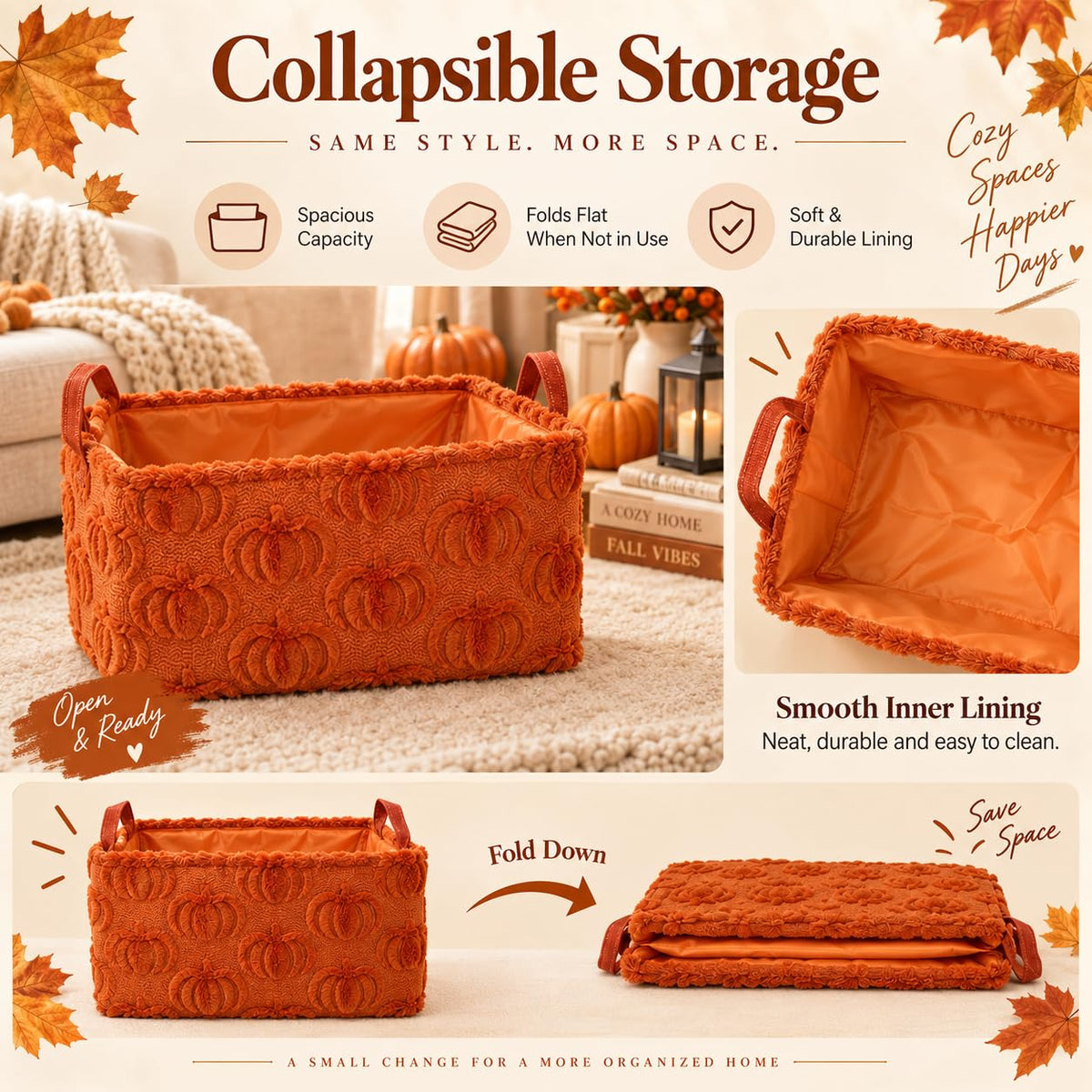 2 Pack Pumpkin Storage Baskets, 14x10'' Fall with Handles Orange-Pumpkin