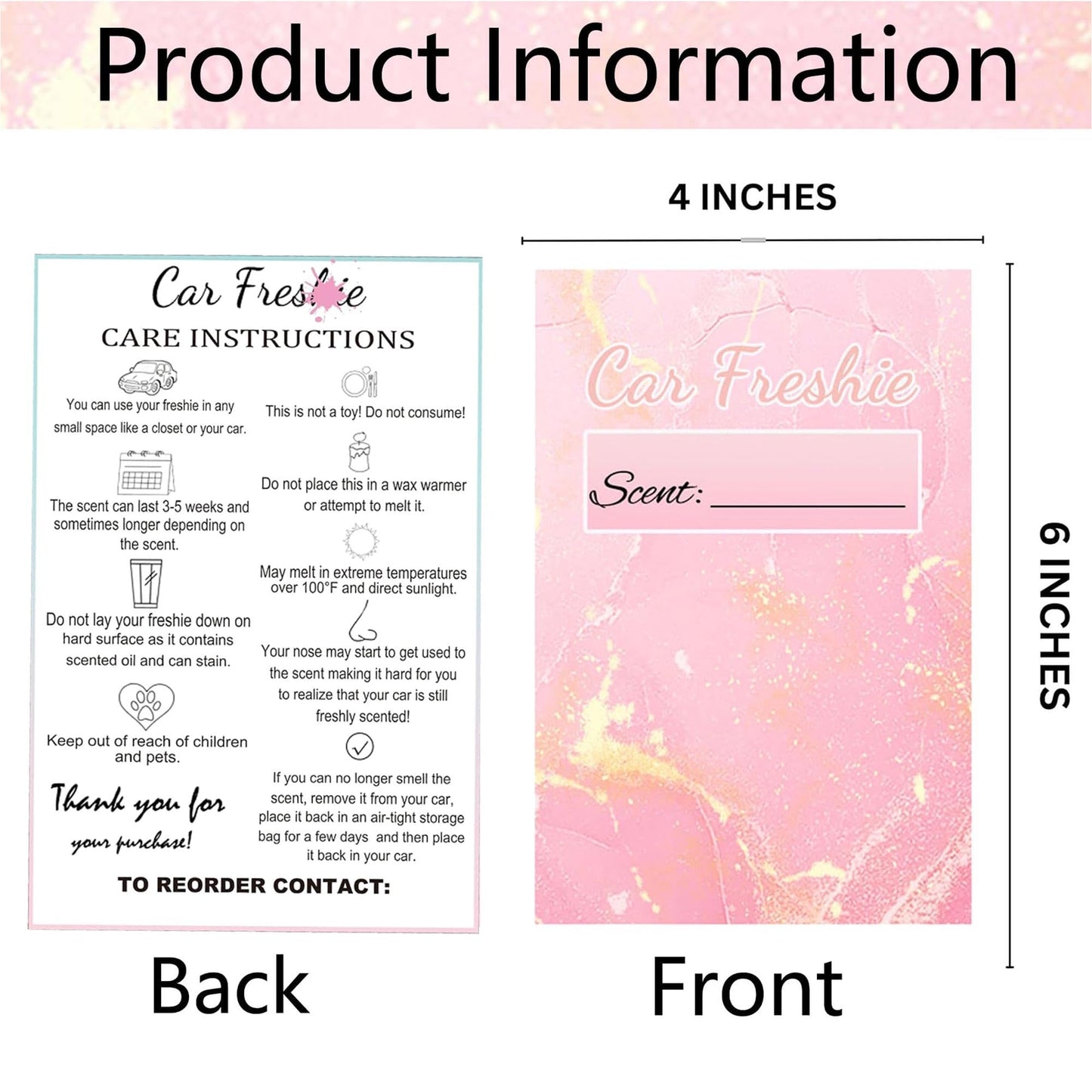 Car Freshiess Insert Cards Freshies Scent Label 4”x6”Care Instruction Cardstock DIY Crafts Label Stickers for Freshies Car Business,Beads and Silicone Molds Supplies 50 Pcs