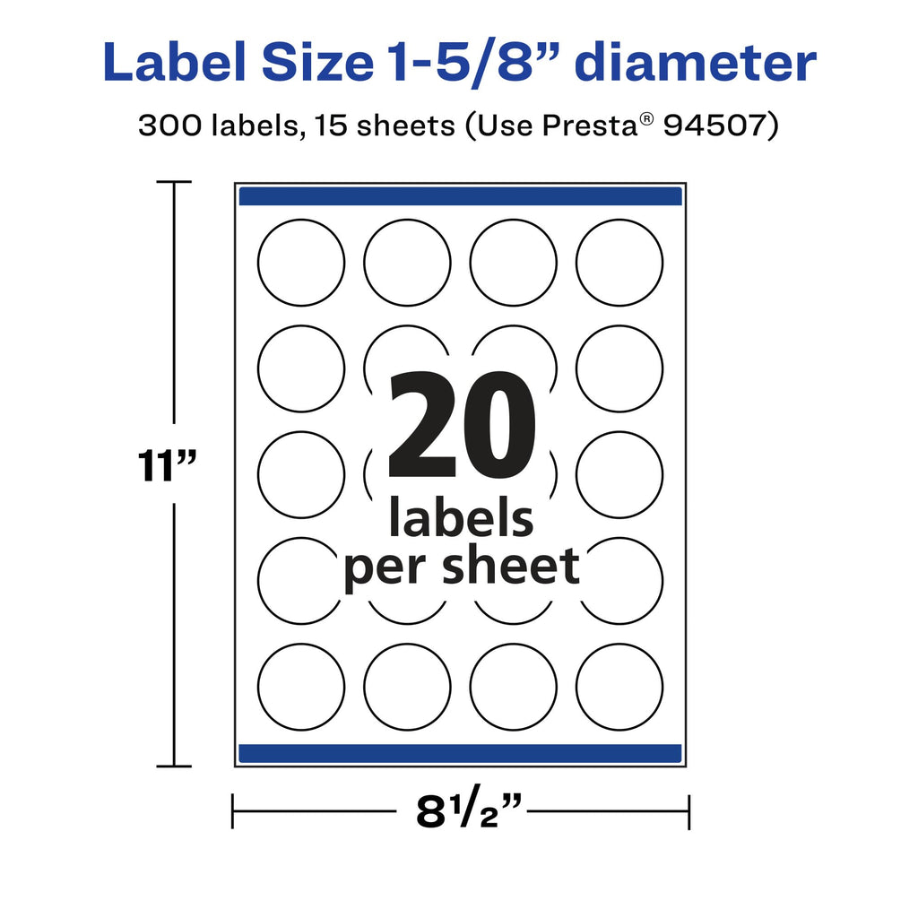 Avery Matte White Removable Round Labels, Sure Feed Technology, Print-to-The-Edge, 1-5/8" Diameter, 300 Removable Labels, Laser/Inkjet Printable 300 labels