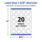 Avery Matte White Removable Round Labels, Sure Feed Technology, Print-to-The-Edge, 1-5/8" Diameter, 300 Removable Labels, Laser/Inkjet Printable 300 labels