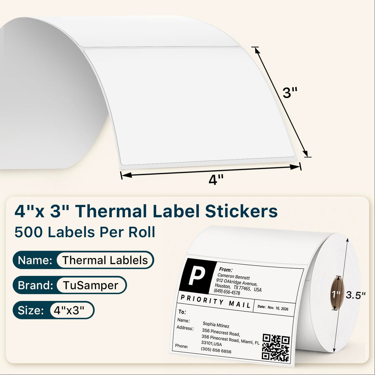 4" x 3" Direct Thermal Labels, White, 500 Labels/Roll