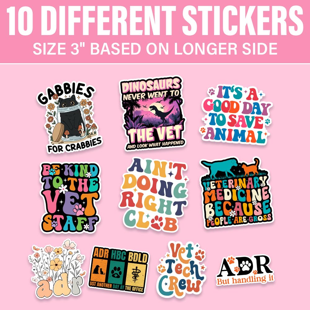 (10Pcs-3in) Funny Vet Sticker Pack, Veterinarian Sticker Decal Bundle, Veterinary Week Gift for Vet Tech Receptionist, Veterinary Medicine Decor for Laptop Tablet Planner Kindle Helmet Vehicle 64