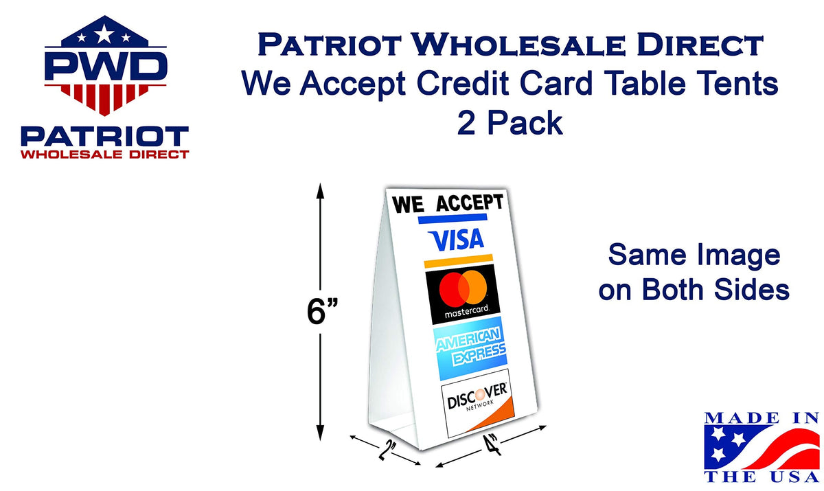 We Accept Credit Cards Table Tent with UV Coating - MasterCard, Visa, Discover, American Express - 2 Pack
