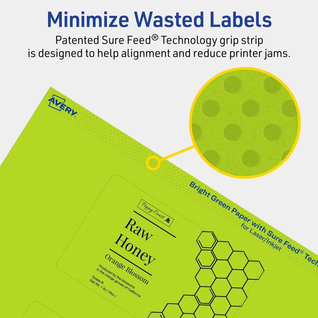 Avery Printable Rectangle Labels, Sure Feed Technology, 2-1/2" x 4", Bright Green Labels, Print-to-The-Edge, Laser/Inkjet Printable, 60 Total, Great for Candles and Ingredients 60 labels