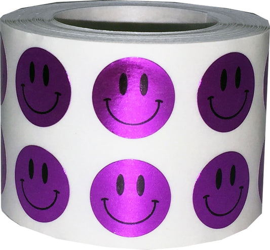 1/2" Inch Small Metallic Purple Happy Face Labels, 1,000 Total Adhesive Stickers on a Roll, Perfect for Kids Classroom Incentives, Motivational Chart Use