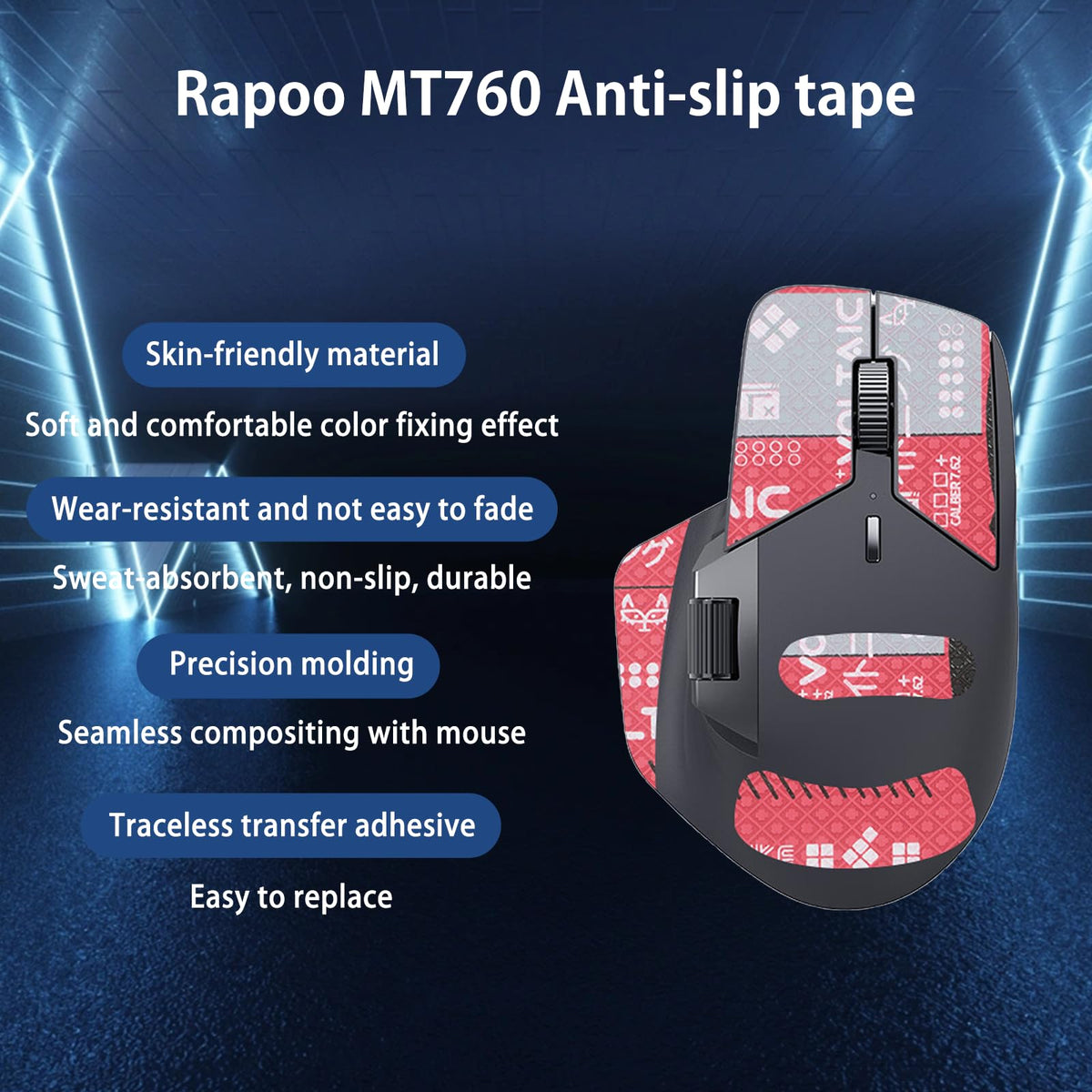 NOUKAJU Mouse Grip Tape Full Coverage for Rapoo MT760, Mouse Anti Slip Grip Tape,Self-Adhesive PreCut Sweat-Resistant Professional Mice Upgrade Kit(Red)