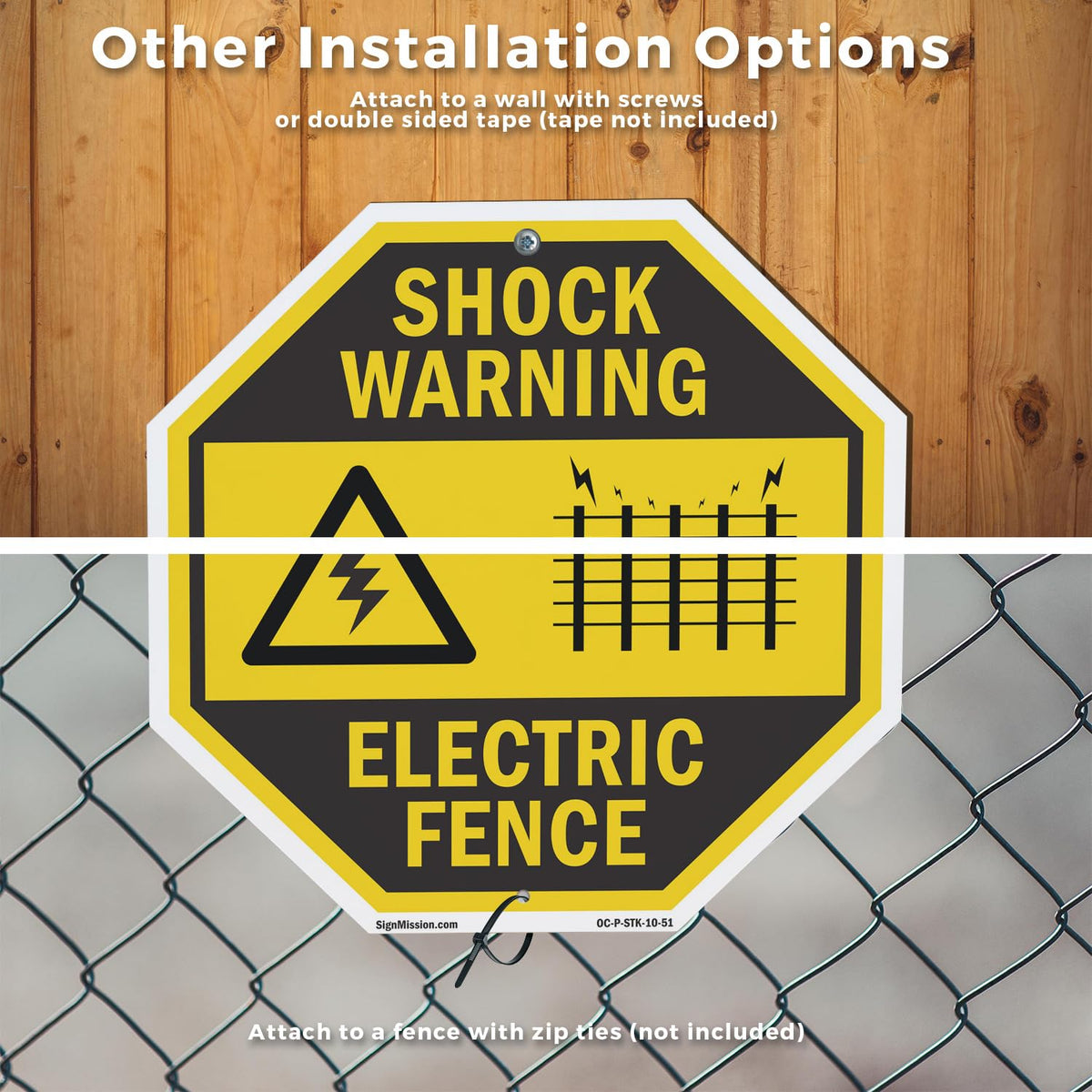 Shock Warning Electric Fence (2 Pack) 10 inch X 10 inch Octagon Aluminum Metal Signs with Aluminum Mounting Stakes Weather Resistant UV Protected for Workplace Private Property and Construction Site