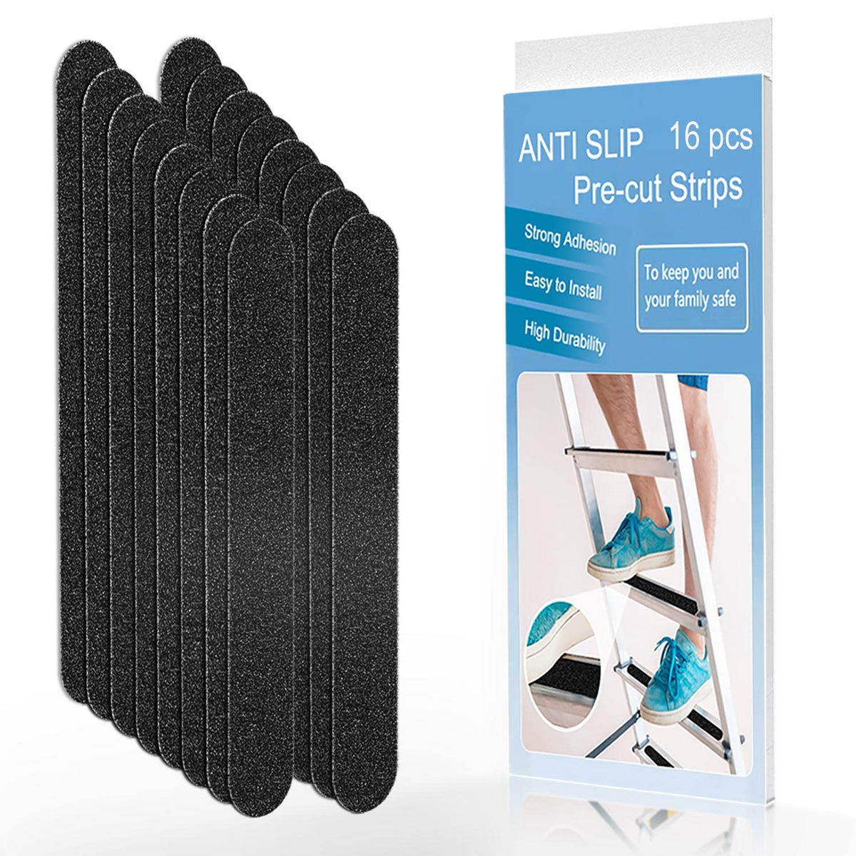 Anti Slip Tape, 16pcs Non Slip Pre-Cut Strips, Treads Safety Non Skid Adhesive Strips for Ladder, Step Stool and Stair (1" x 12", Black) 1" x 12"