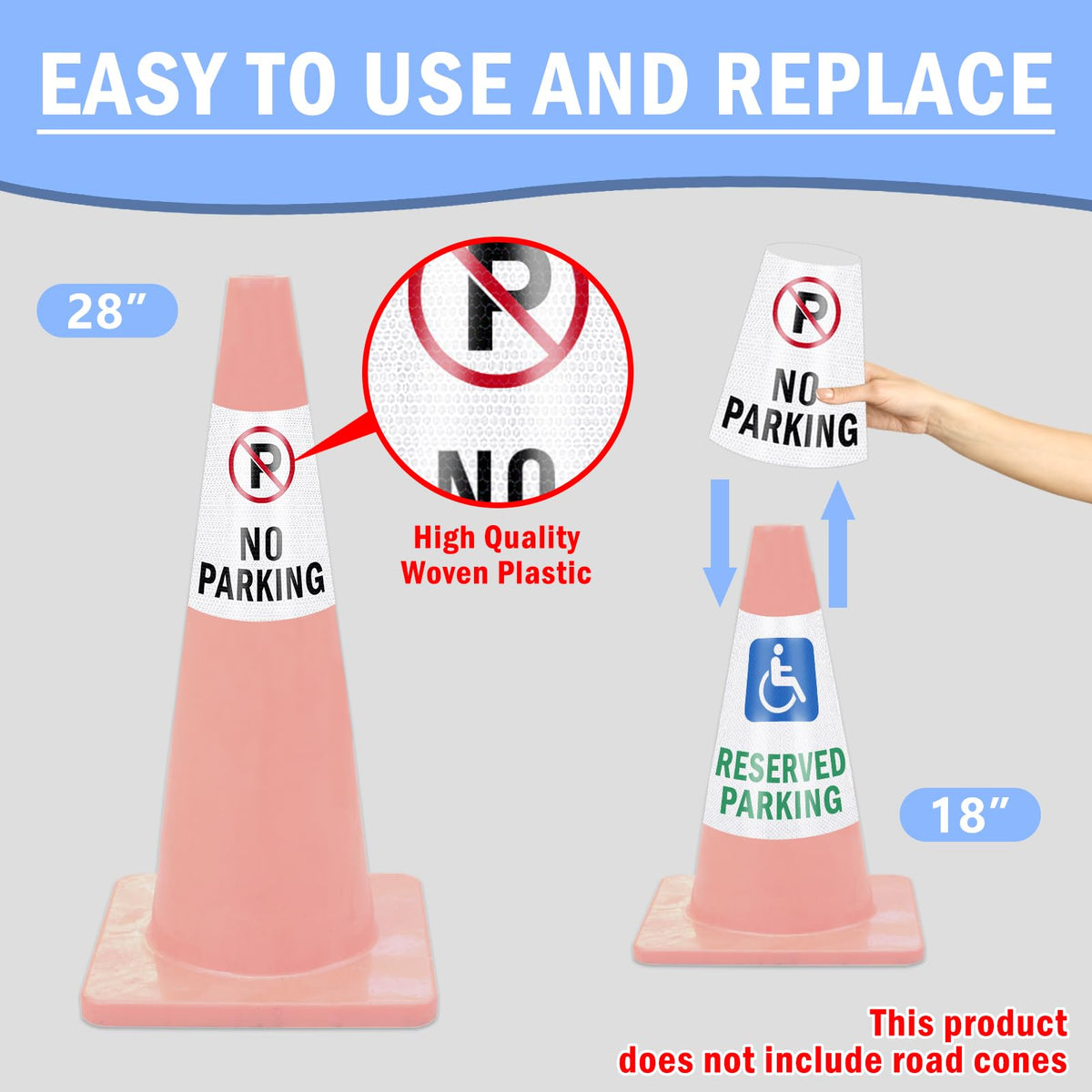 4 Pack No Parking Cones Message Sleeve, 360° Bright Reflective Cones Sleeve 4 Pack