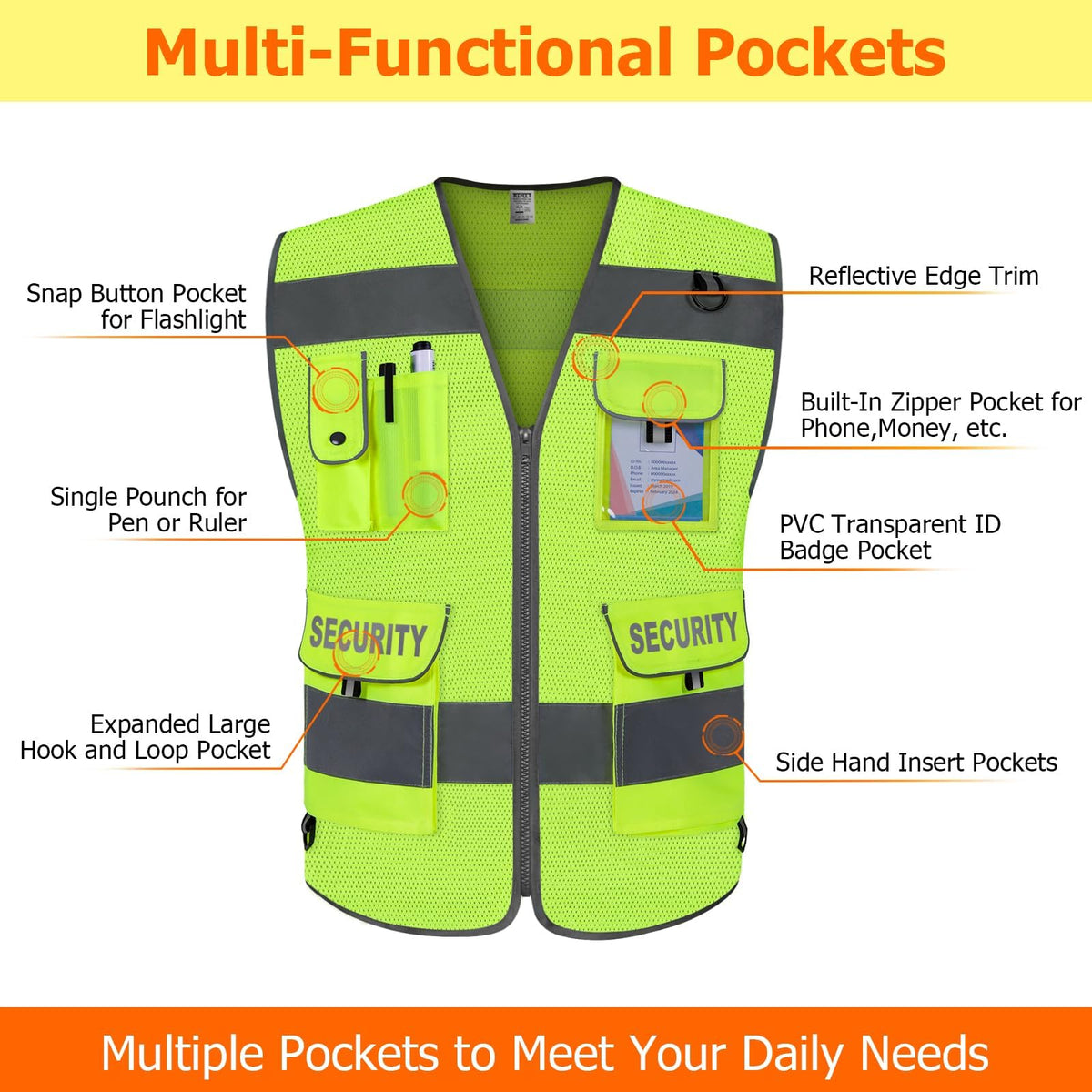TCCFCCT Mesh Security Vest for Security Guard 9 Pockets High Visibility Reflective Safety Vest for Men Women, Durable Hi Vis Vest with Reinforced Sewing, Meets ANSI/ISEA, (G100S-Yellow, L) Mesh Yellow-bison 08 Large