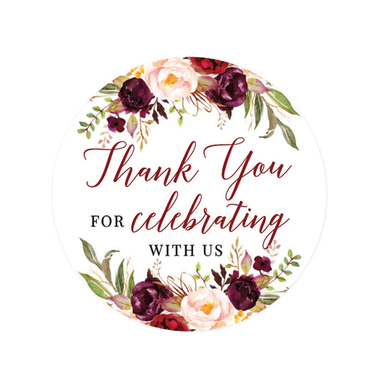 Andaz Press Fall Autumn Burgundy Maroon Floral Flowers Party, 2-Inch Round Circle Label Stickers, Thank You for Celebrating with Us Sticker, 40-Pack, Party Favors Decor Ideas Fall Wedding Stickers