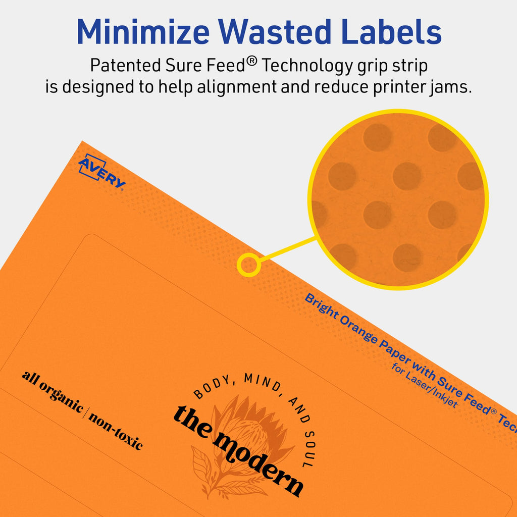 Avery Printable Rectangle Labels, Sure Feed Technology, 2-1/2" x 7", Bright Orange Labels, Print-to-The-Edge, Laser/Inkjet Printable, 60 Total, Great for Candles and Jars 60 labels