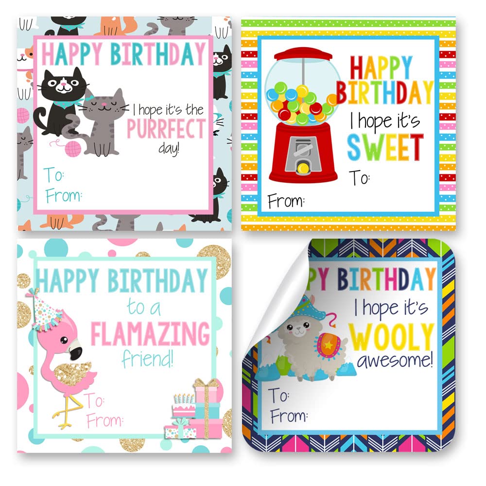 Happy Birthday Gift Tag Stickers for Girls, Set of 24 2.5 X 2.5 Mixed Square Birthday Gift Labels by Amanda Creation