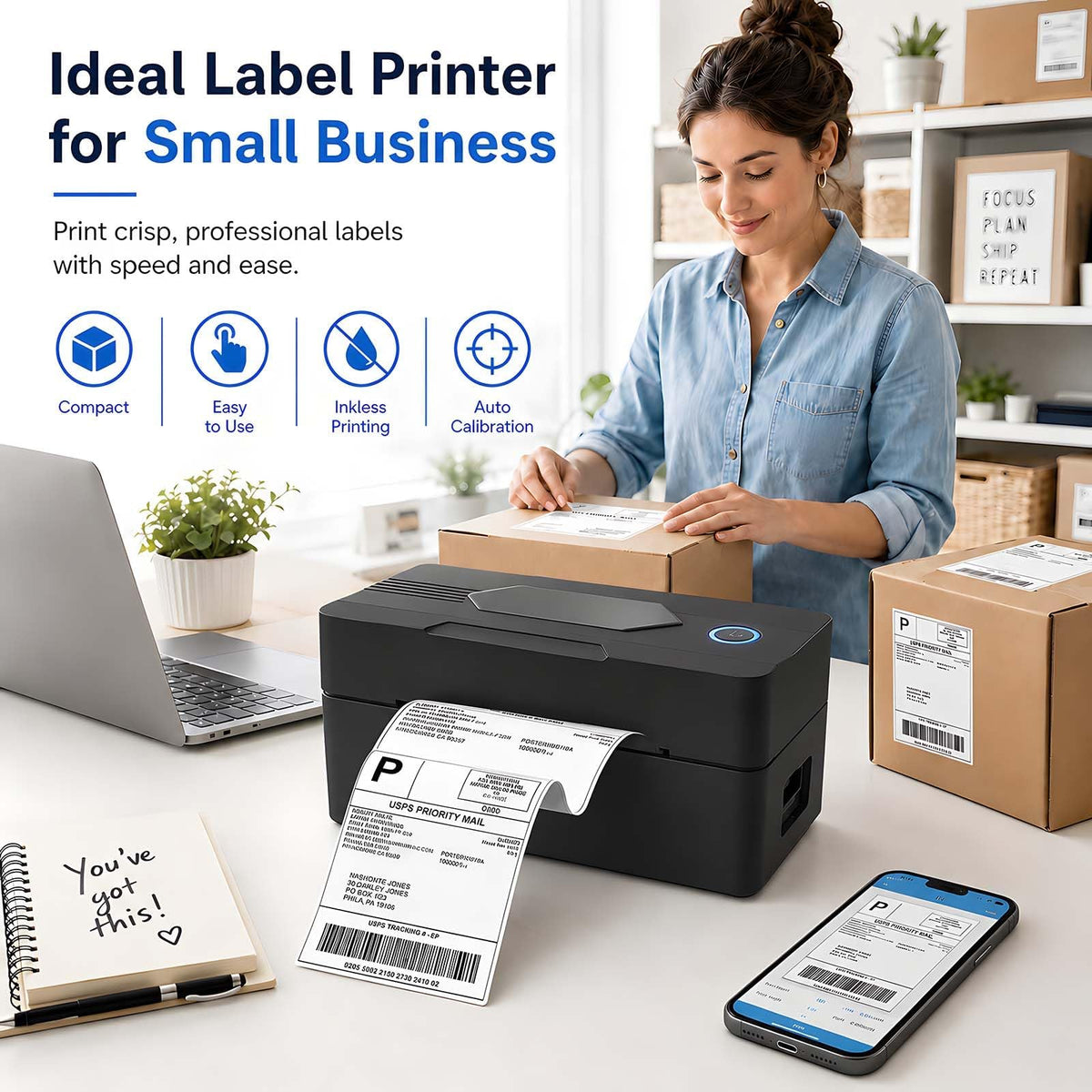 Bluetooth Thermal Shipping Label Printer, 4x6, Black