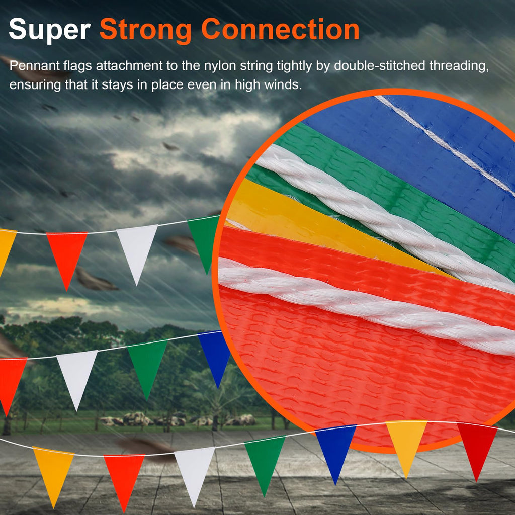 Multicolor Pennant Safety Flags, Perimeter Warning Flag Banner Line, For Flagging Construction/Traffic Barrier/Parking Lot/Rooftop/Backstroke/Party & Special Events 7" X 10" Pennants on 100' Rope 100FT