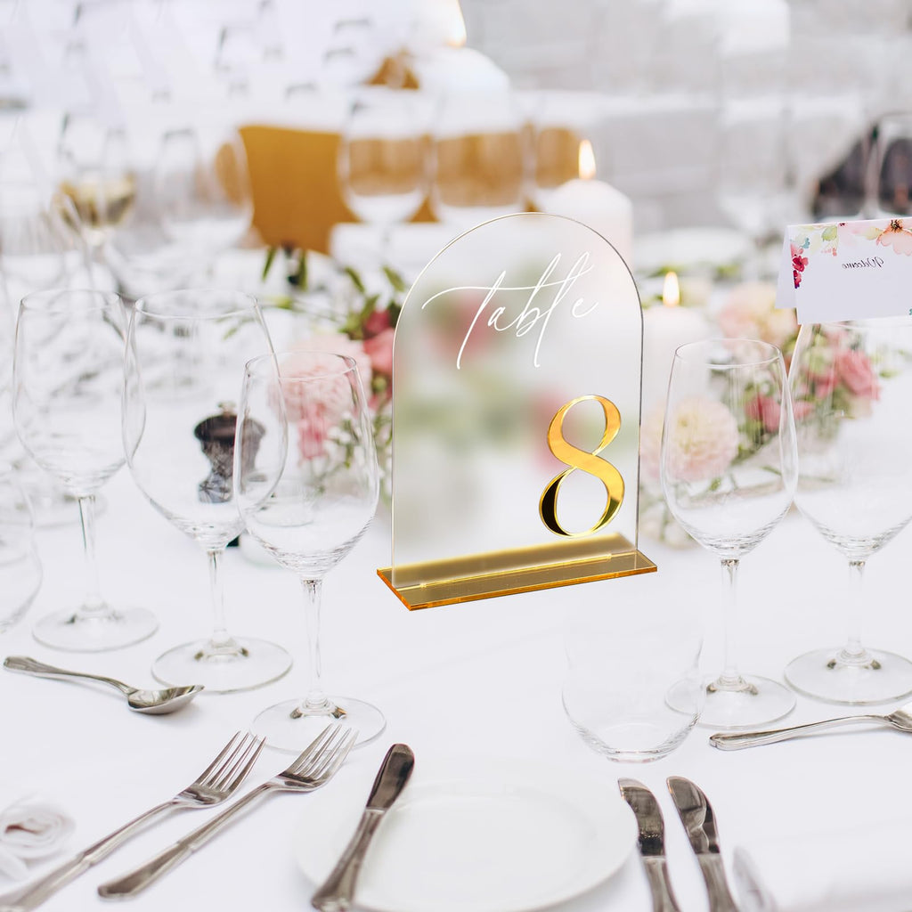 HOODO Frosted Arch Acrylic Wedding Table Numbers 1-10 with Stands, 5"x7" Arched Acrylic Signs with 3D Gold Numbers, Frosted 3D Table Numbers for Wedding Reception Frosted and Gold Font Number 1-10, 5"x7"