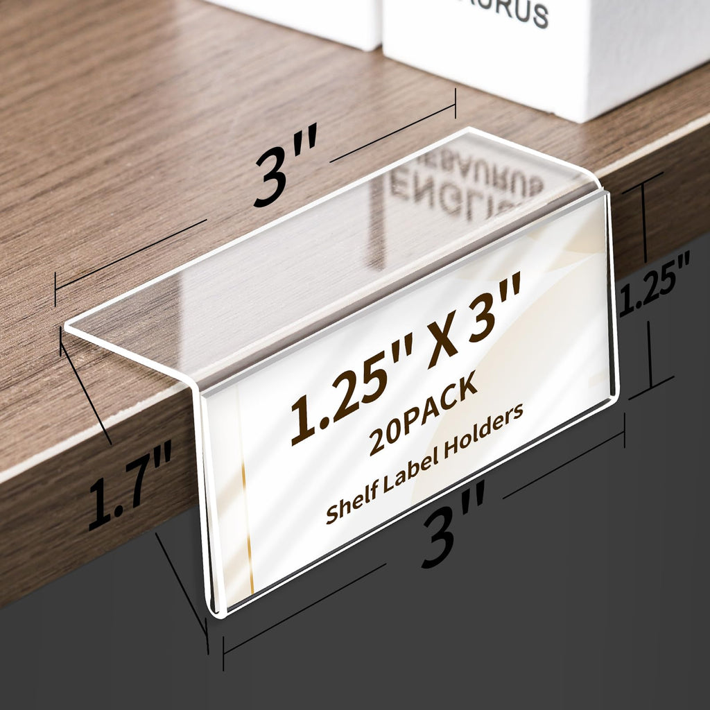 20 Pack Acrylic Rigid Shelf Label Holders, Lying Down or Sticking 1.25x3 in
