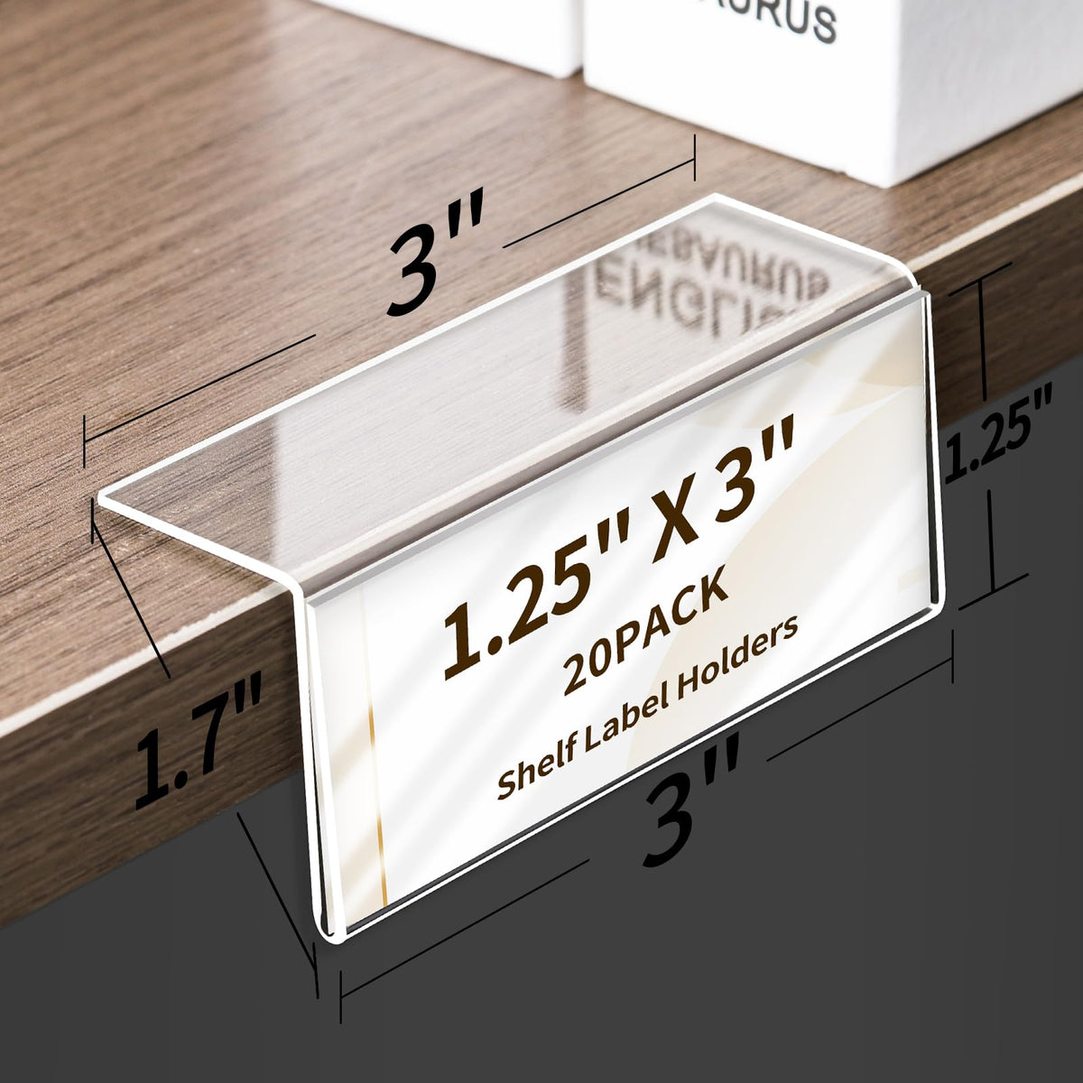 20 Pack Acrylic Rigid Shelf Label Holders, Lying Down or Sticking 1.25x3 in