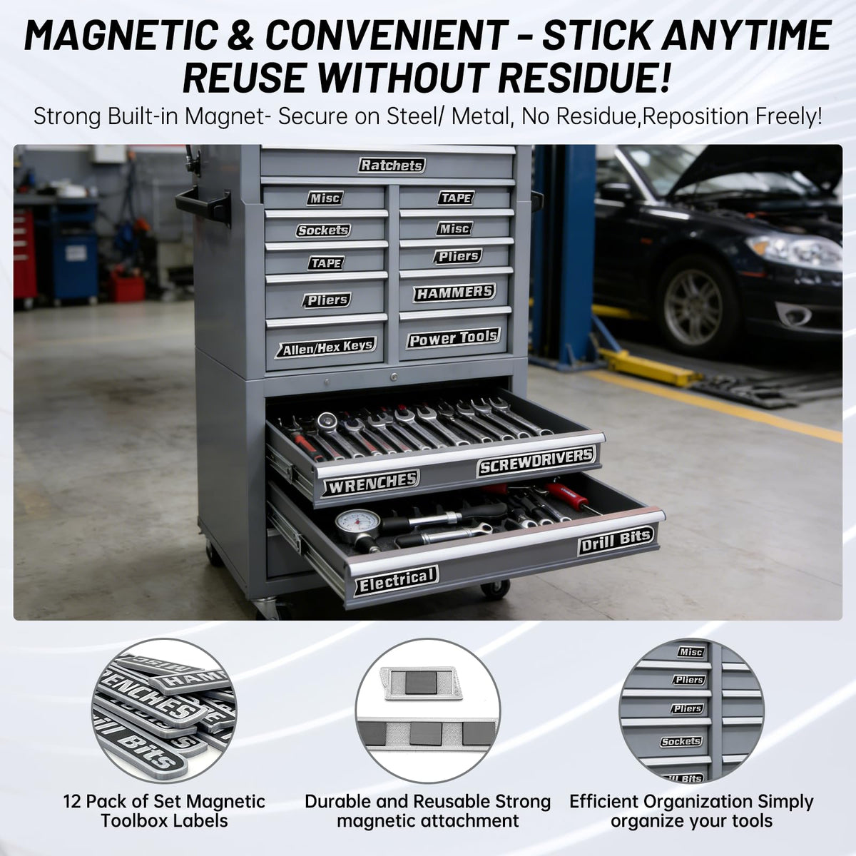 12 Pack Magnetic Tool Box Labels,3D-Printed Magnetic Toolbox Labels,Reusable Tool Box Labels Magnet Accessories,for Steel Toolboxes,Drawers,Carts and Cabinets (Black)