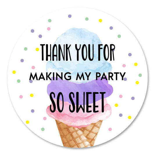 Ice Cream Thank You Stickers, 40 2 Inch Summer Baby Shower Or Birthday Party Labels, Decorations