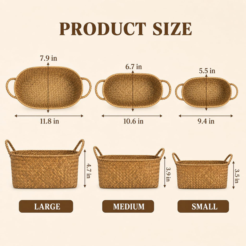 Elsjoy Set of 3 Woven Seagrass Baskets with Handles, Oval Wicker Woven Storage Baskets, Rattan Shelf Basket for Fruit, Bread, Kitchen