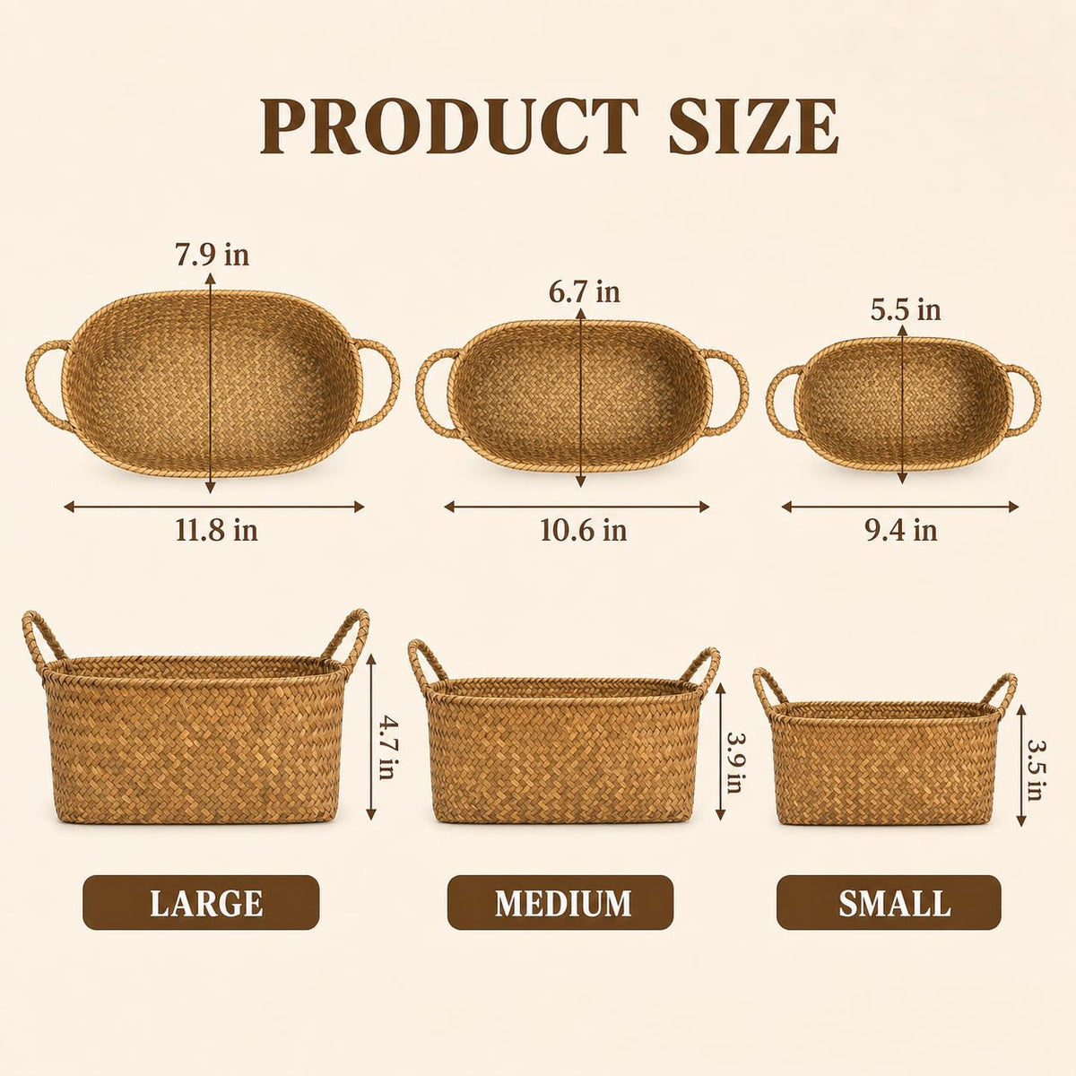 Elsjoy Set of 3 Woven Seagrass Baskets with Handles, Oval Wicker Woven Storage Baskets, Rattan Shelf Basket for Fruit, Bread, Kitchen