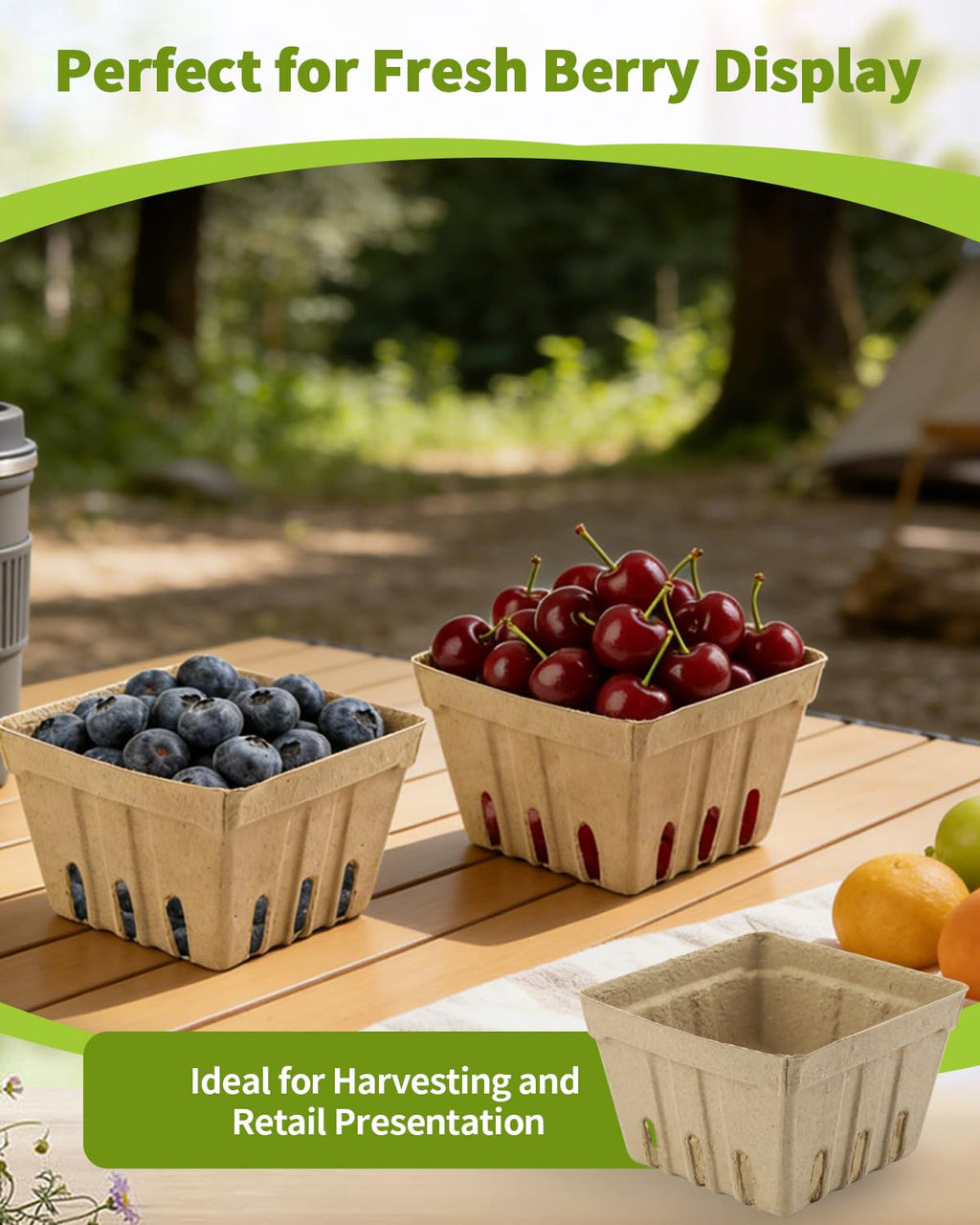 30 Pack Natural Pulp Fiber Berry Basket (4.3x4.3x2.75 Inch), Natural Pulp Produce Baskets & Berry Containers, Vented Strawberry Baskets for Farmers Market Decor, Grocery Store and Kitchen Display Tawny 1Pint 30