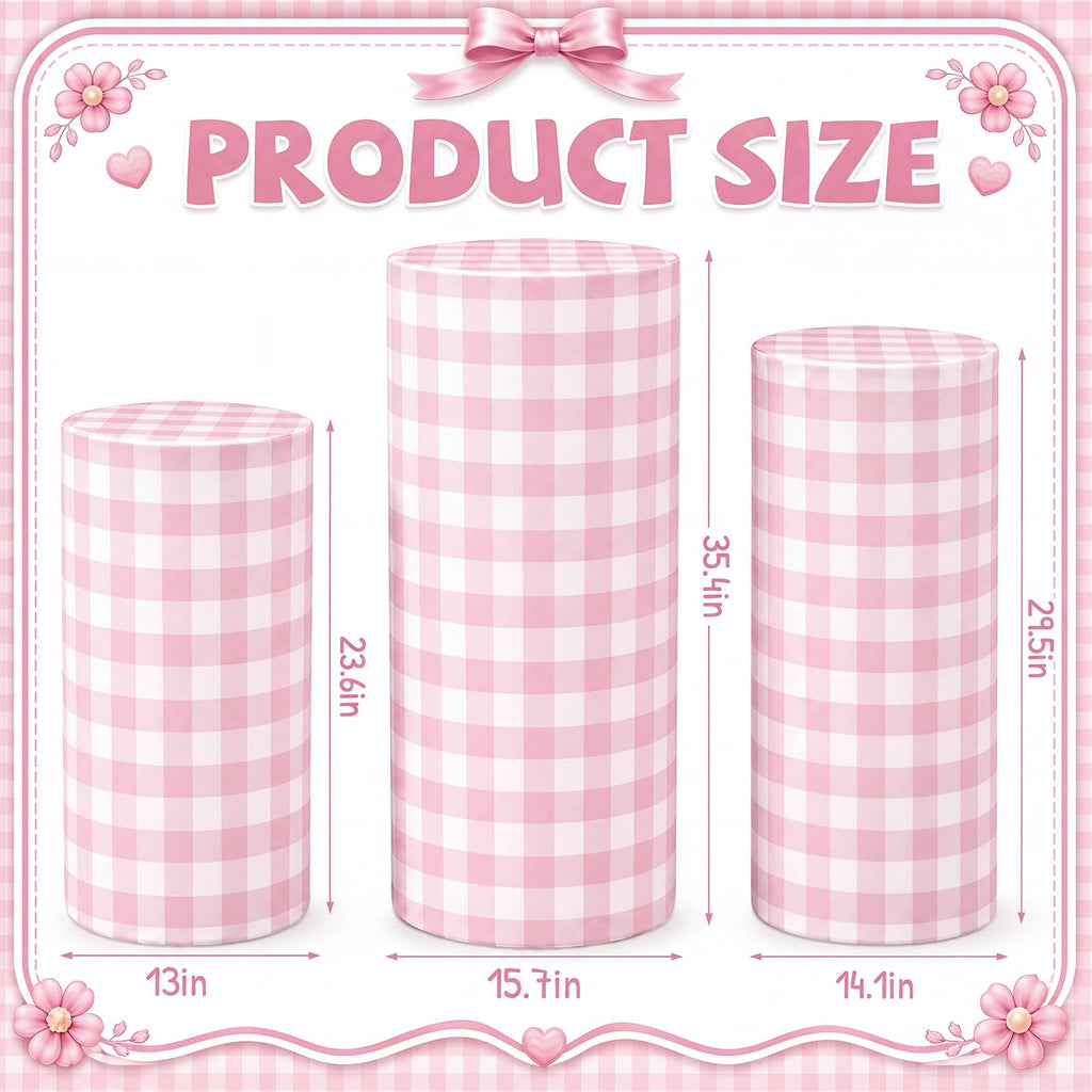 Tigeen 3 Pcs Cylinder Pedestal Stand Covers, Gingham, Pink and White