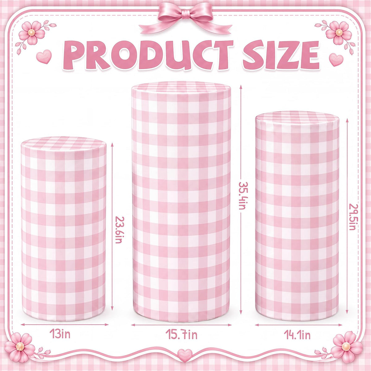 Tigeen 3 Pcs Cylinder Pedestal Stand Covers, Gingham, Pink and White