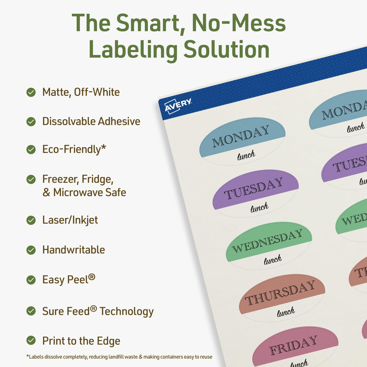 Avery® Dissolvable Oval Labels, Sure Feed® Technology, 1" x 2", Matte White, Print-to-The-Edge, Laser/Inkjet Printable, 600 Labels Total