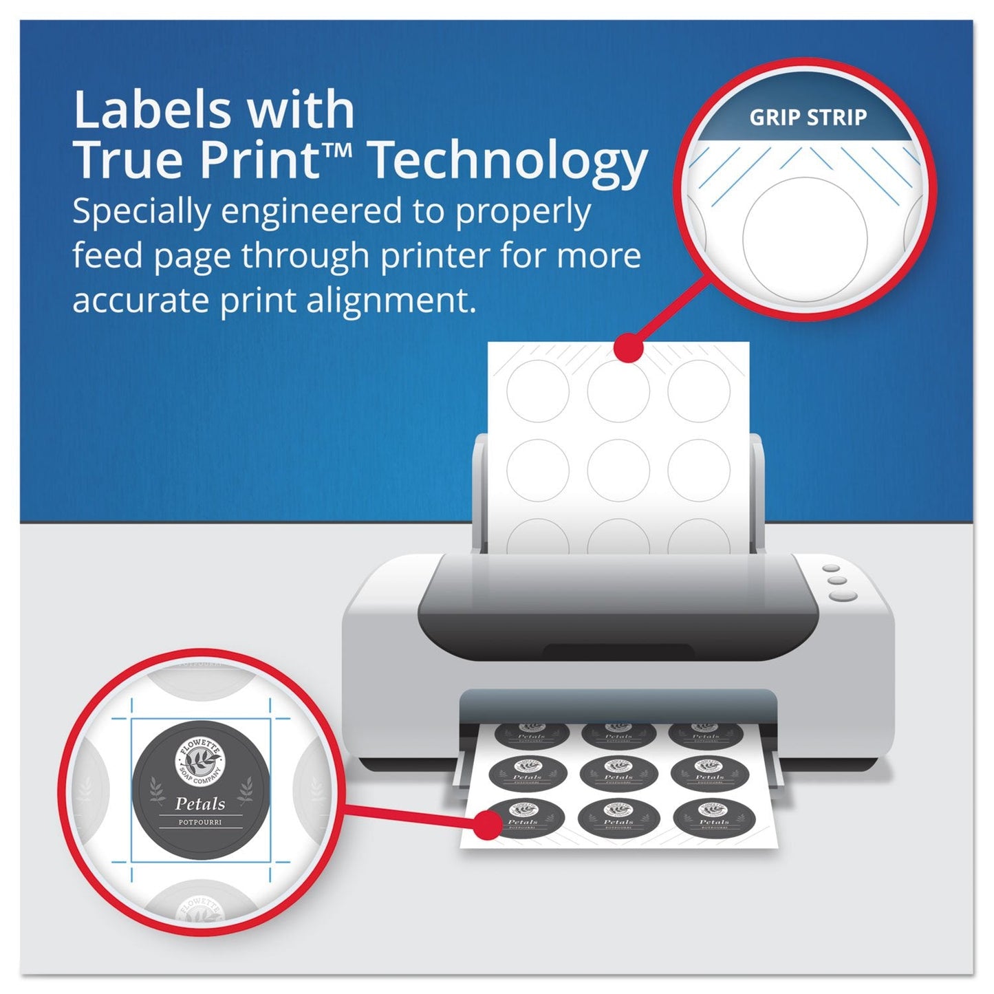 Avery® Easy Peel® TrueBlock® Print-To-The-Edge Inkjet/Laser Labels, Round, 22807, 2" Diameter, White, Pack Of 120 120 labels 2" Glossy White