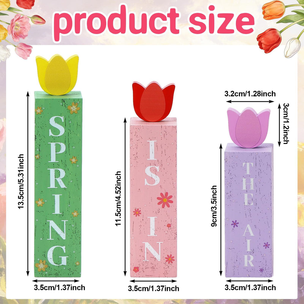 3 Pcs Spring Tulips Wood Table Decor Tulip Flower Block Signs Hello Spring Flowers Table Centerpieces Tulips Spring Holiday Decoration for Home Kitchen Office Desk Easter Decor Spring Tulip