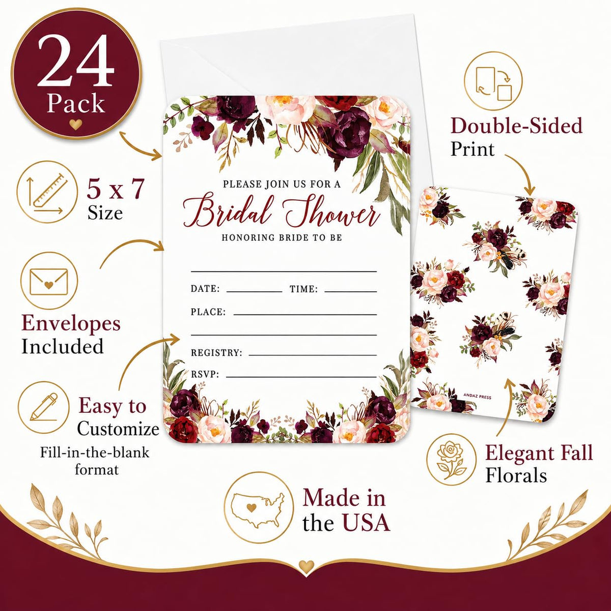 Andaz Press Fall Autumn Burgundy Maroon Floral Flowers, 5X7-Inch Fill in The Blank Bridal Shower Invitations with Envelopes, 24-Pack, Includes Cards & Envelopes Fall Bridal Shower Invitations