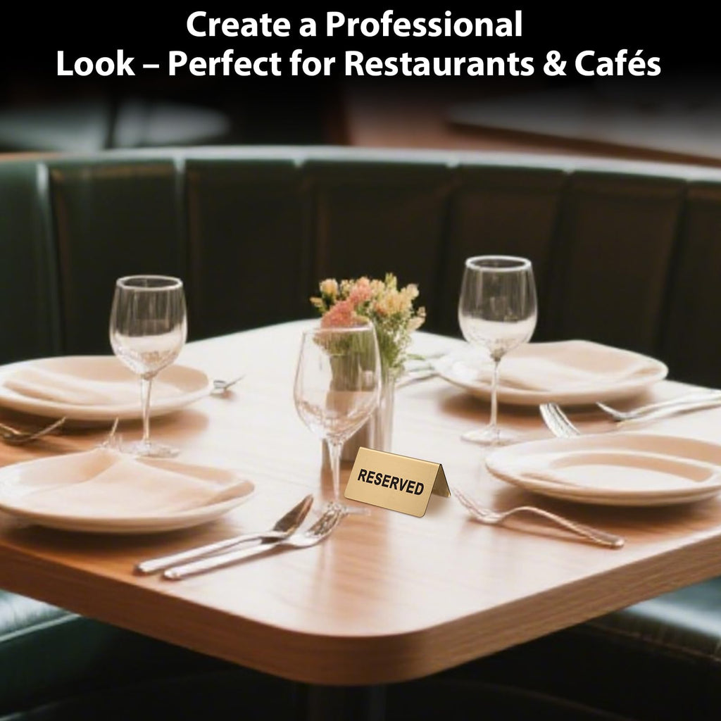 Stainless Steel Reserved Table Sign, Set of 6, 2.36 x 3.94 Inch Tent-Style Signs, Brushed Gold Metal, Durable and Easy to Read for Restaurants, Cafes, Hotels, Weddings, and Events (Gold)