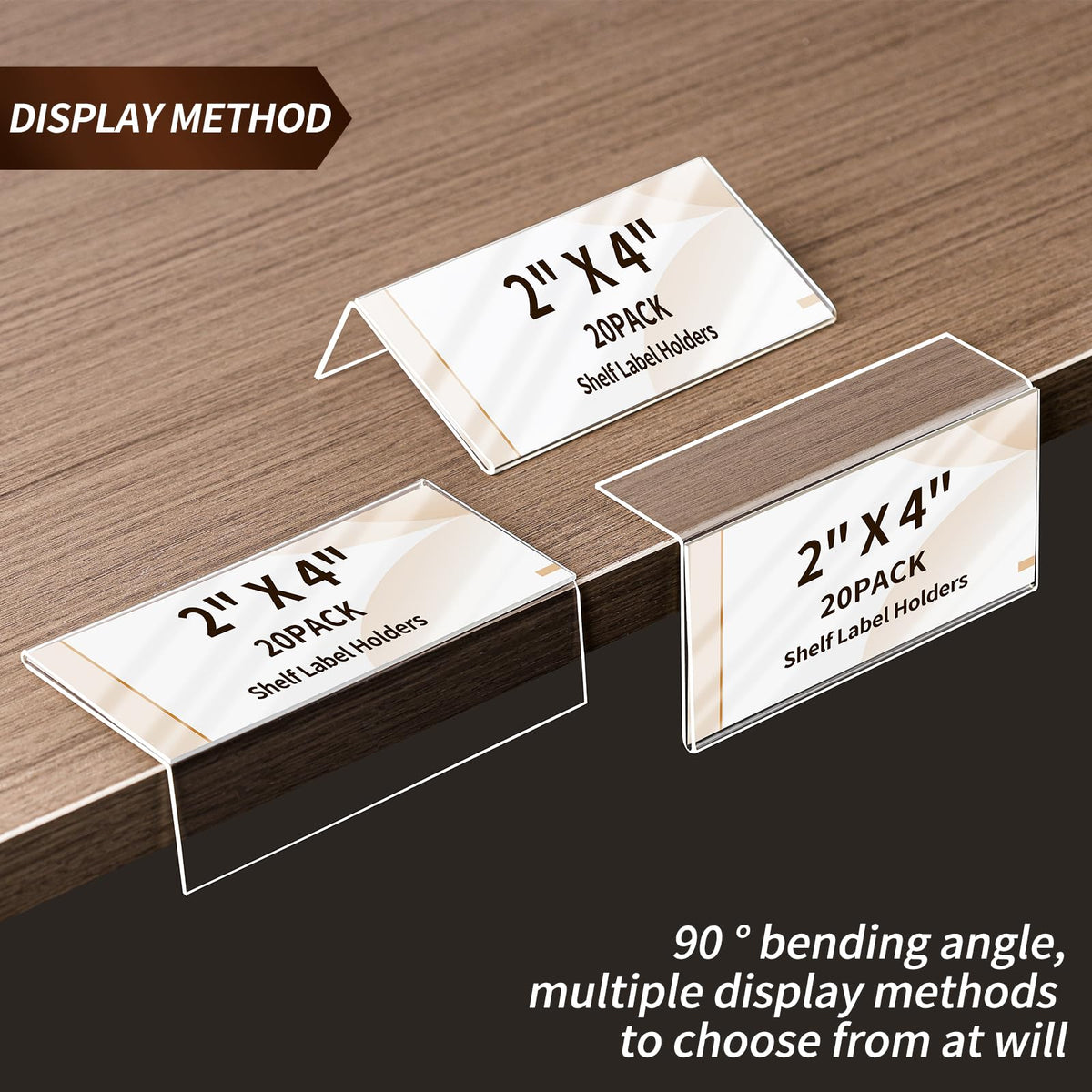 20 Pack Acrylic Rigid Shelf Label Holders, Lying Down or Sticking 1.25x3 in